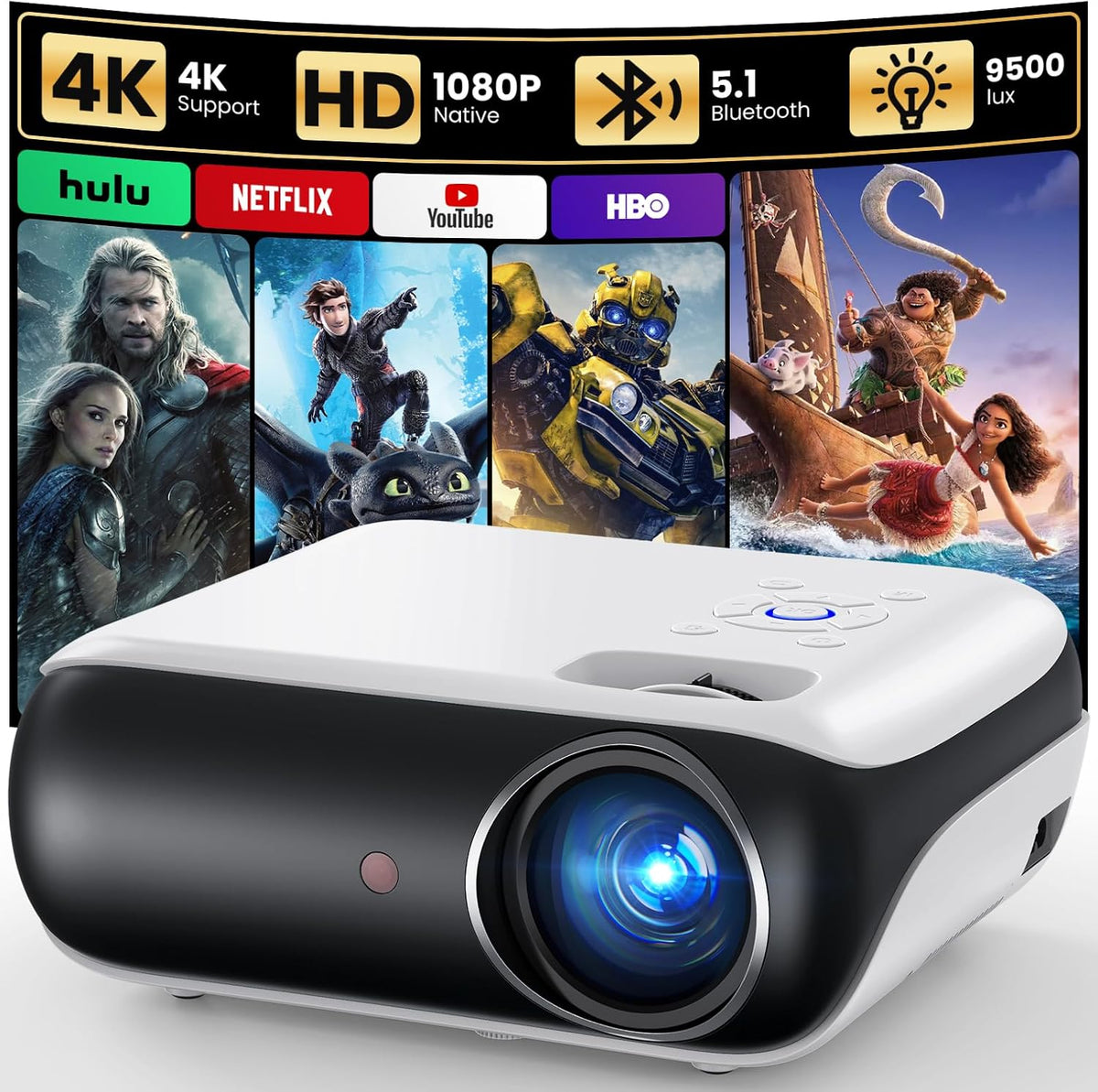 HAPPRUN Projektor, 1080P, Szary – USB, Bluetooth, praca bezprzewodowa, Smart TV 1080P PS5 – przenośne, do użytku na zewnątrz, Full HD