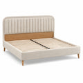 Modernes Polsterbett 160 × 200 cm, Beige und Naturholz, mit hohem Kopfteil und Holzlattenrost