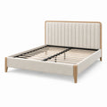 Polsterbett 160 × 200 cm, Beige mit Naturholz-Details und vertikal gepolstertem Kopfteil