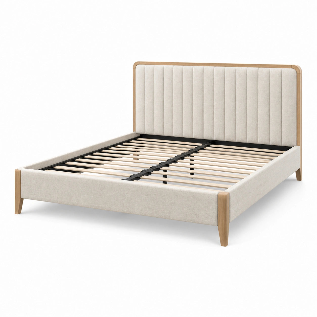 Polsterbett 160 × 200 cm, Beige mit Naturholz-Details und vertikal gepolstertem Kopfteil