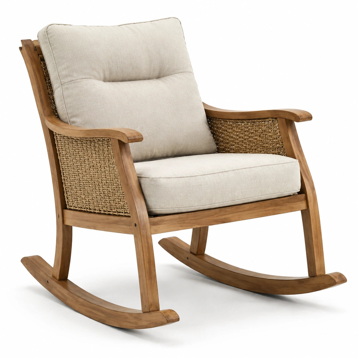 Garten-Schaukelstuhl aus Holz mit Geflecht und Polstern, Braun/Beige, 82 × 96 × 99 cm