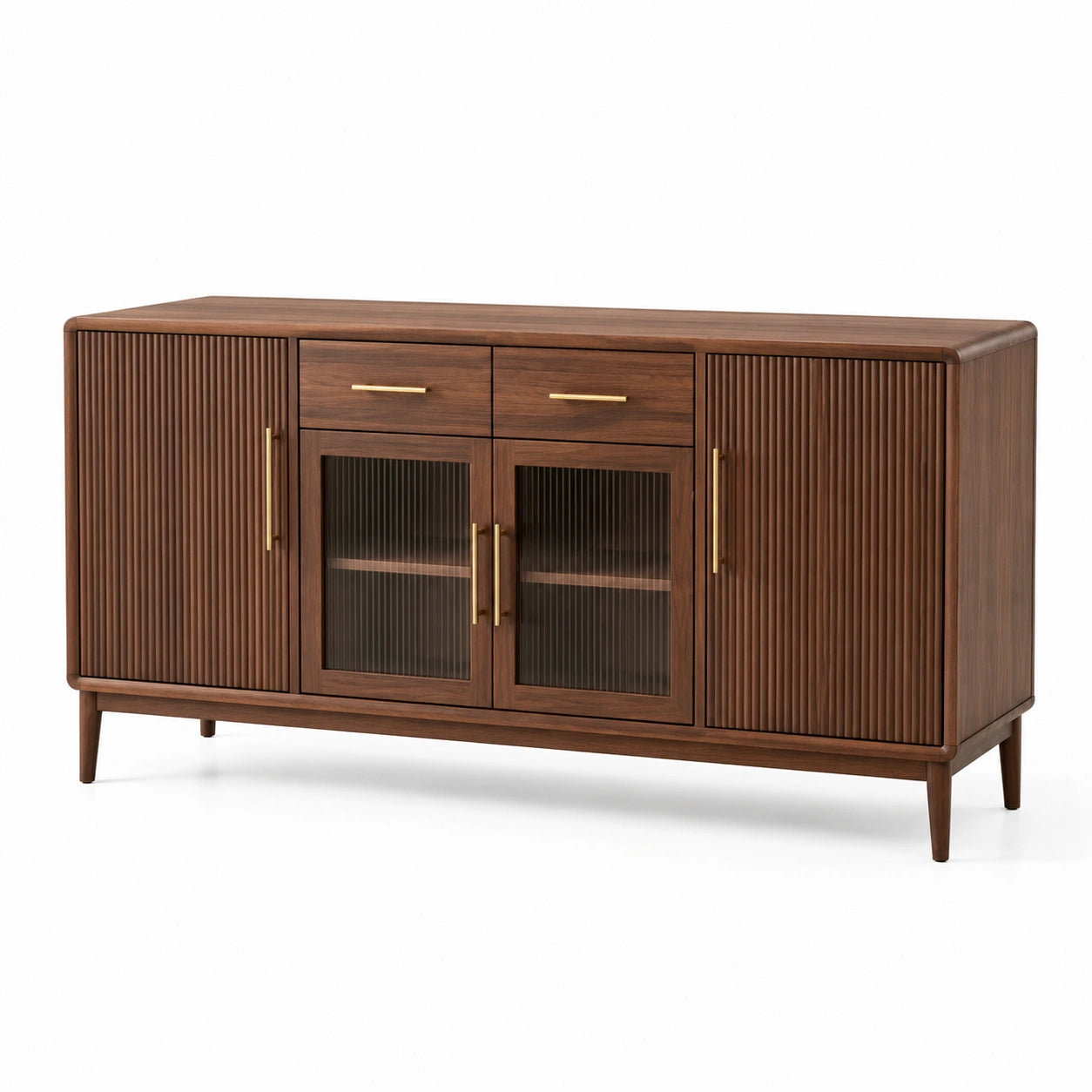 Sideboard aus Holz, 180 × 40 × 85 cm, Dunkelbraun, mit goldfarbenen Griffen, geriffelten Fronten und Glastüren