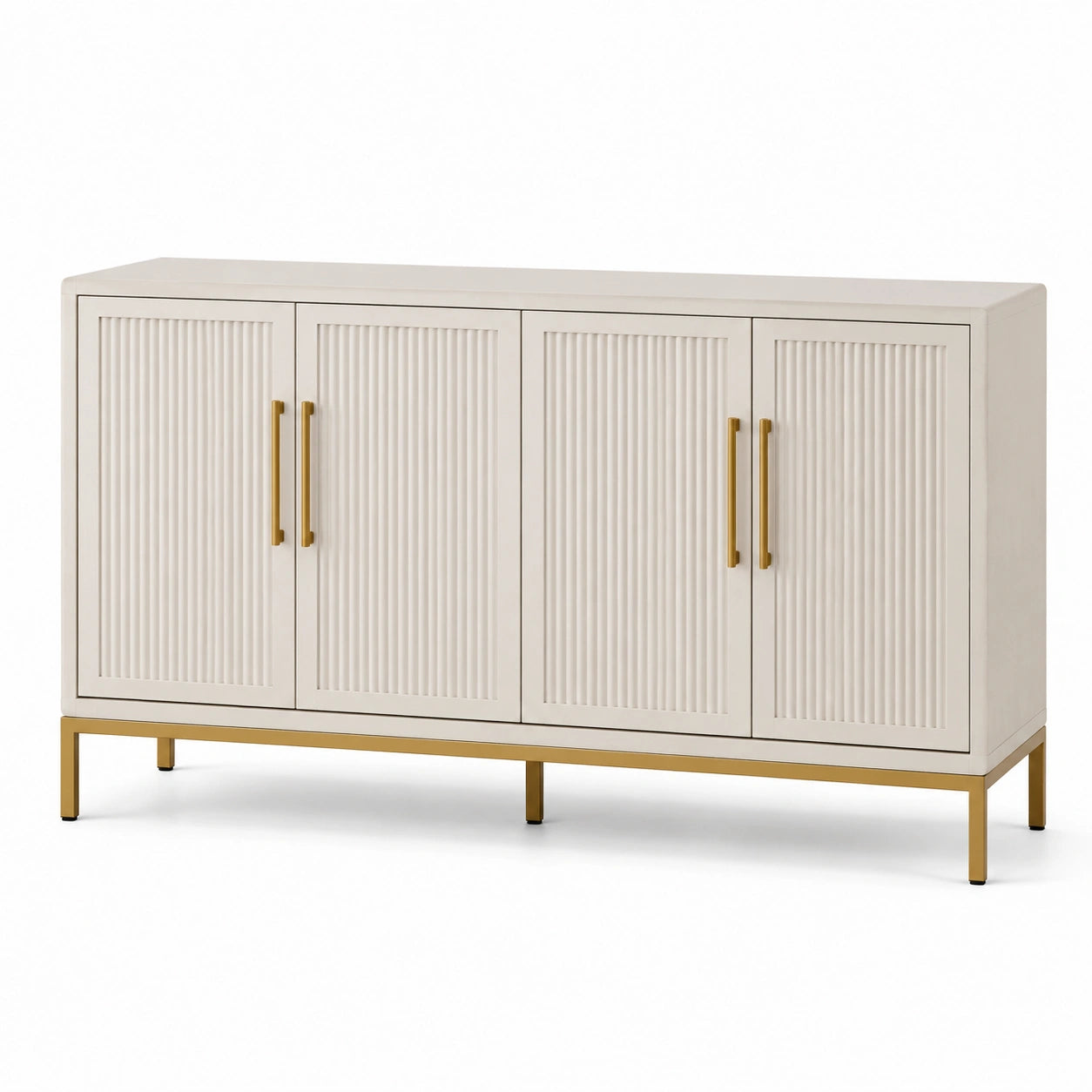Sideboard mit 4 geriffelten Türen, Elfenbein und Gold, 160 × 40 × 85 cm