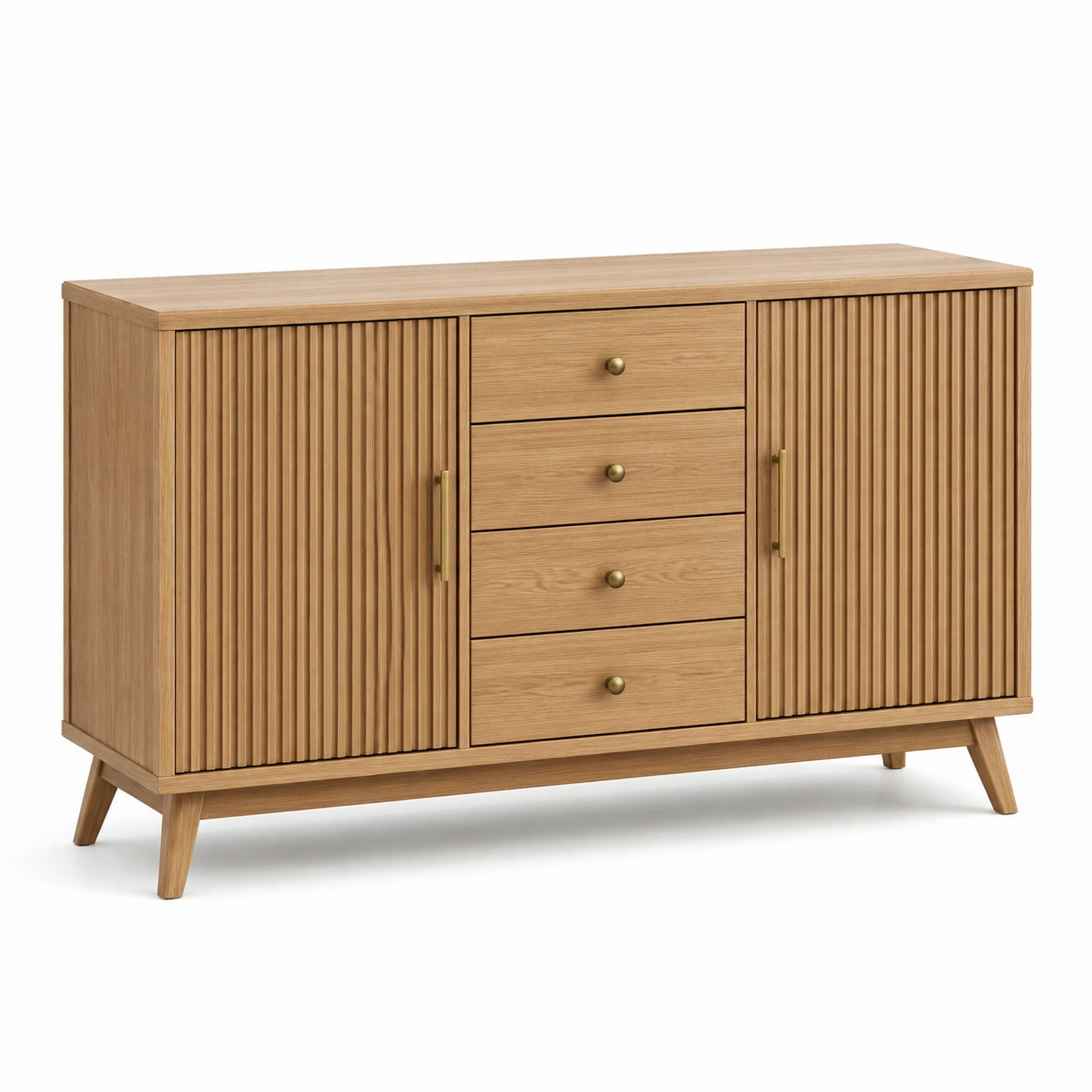 Sideboard in Eiche und Gold, 160 × 40 × 90 cm, mit 2 Türen, 4 Schubladen und geriffelten Fronten