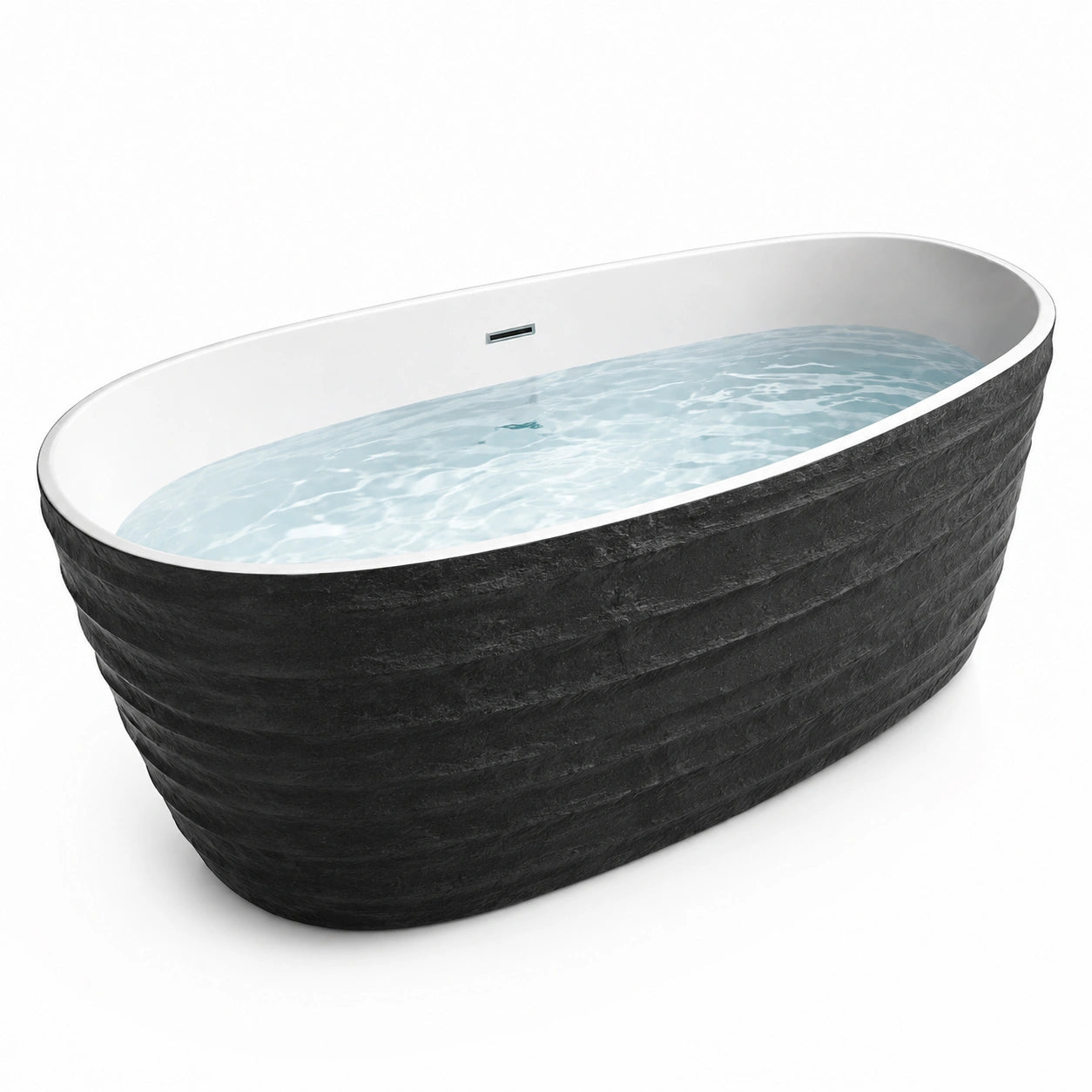 Freistehende ovale Acryl-Badewanne in Schwarz und Weiß, 170 × 80 × 58 cm, strukturierte Außenseite