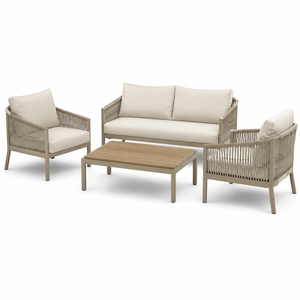 4-teiliges Gartenmöbel-Set mit Zweisitzer 133 × 75 × 77 cm, 2 Sesseln und Couchtisch, Taupe/Beige