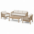 4-teilige Garten-Sitzgruppe aus Holz mit Seilgeflecht, Dreisitzer 190 × 78 × 80 cm, 2 Sessel und Couchtisch, Natur und Creme