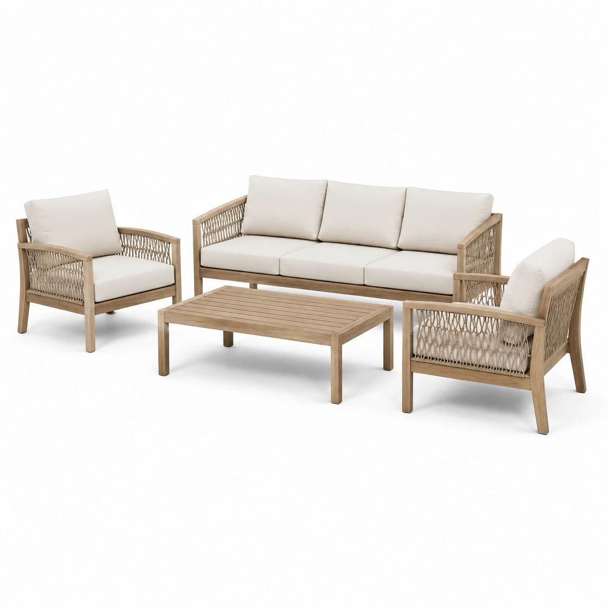4-teilige Garten-Sitzgruppe aus Holz mit Seilgeflecht, Dreisitzer 190 × 78 × 80 cm, 2 Sessel und Couchtisch, Natur und Creme