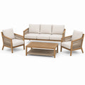 4-teilige Garten-Sitzgruppe aus Holz mit Seilgeflecht, Natur, Creme und Taupe – Sofa 190 × 78 × 80 cm, Sessel 73 × 78 × 80 cm, Tisch 105 × 58 × 42 cm