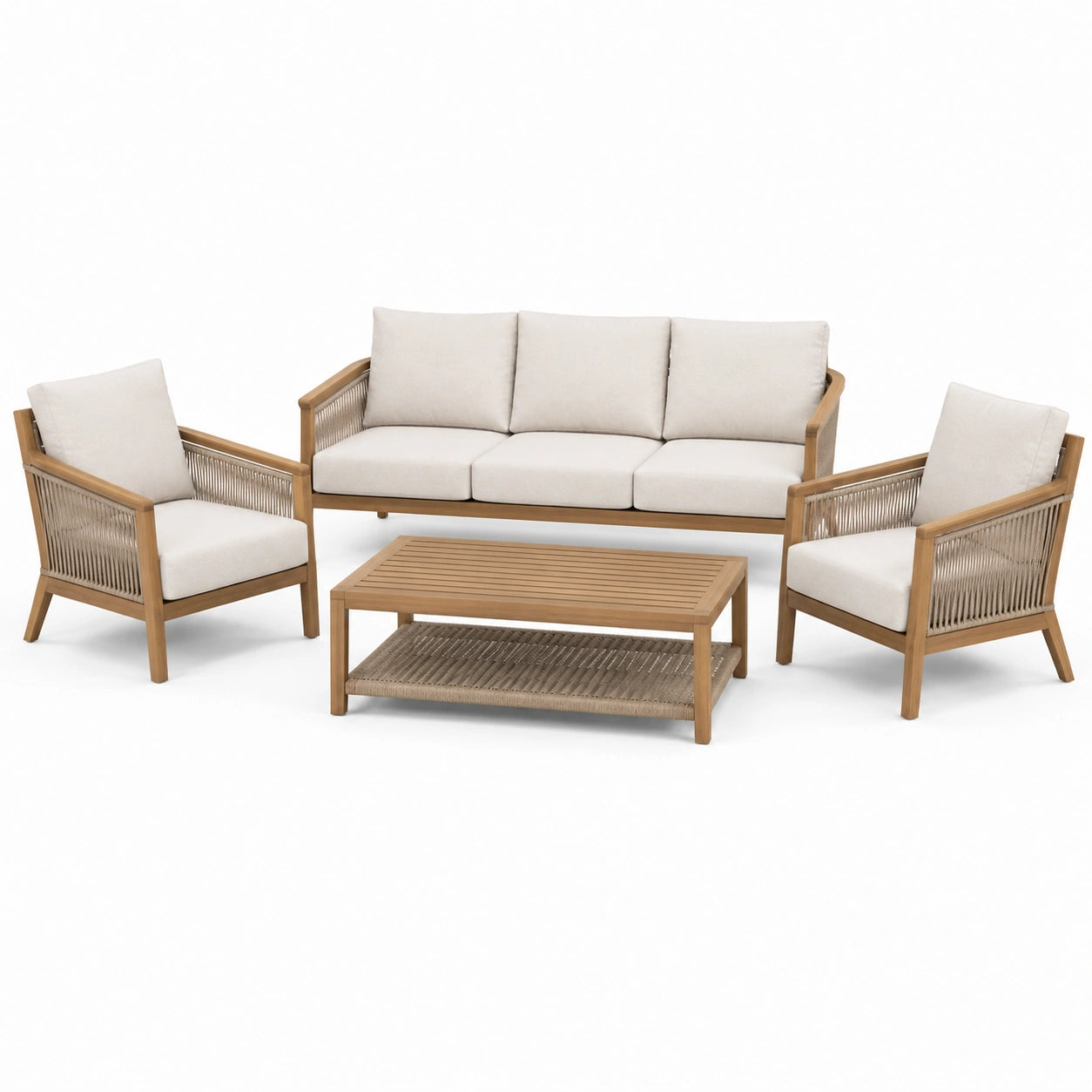 4-teilige Garten-Sitzgruppe aus Holz mit Seilgeflecht, Natur, Creme und Taupe – Sofa 190 × 78 × 80 cm, Sessel 73 × 78 × 80 cm, Tisch 105 × 58 × 42 cm