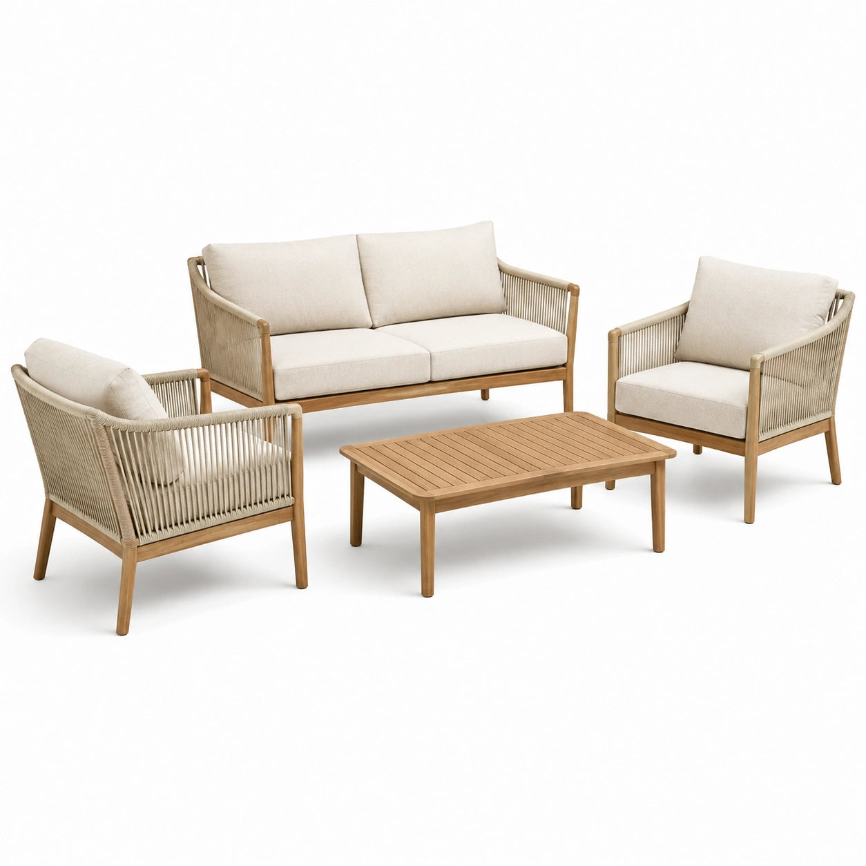 4-teiliges Gartenmöbel-Set in Beige und Naturbraun, Zweisitzer 154 × 78 × 78 cm, 2 Sessel 73 × 78 × 78 cm, Tisch 110 × 60 × 38 cm