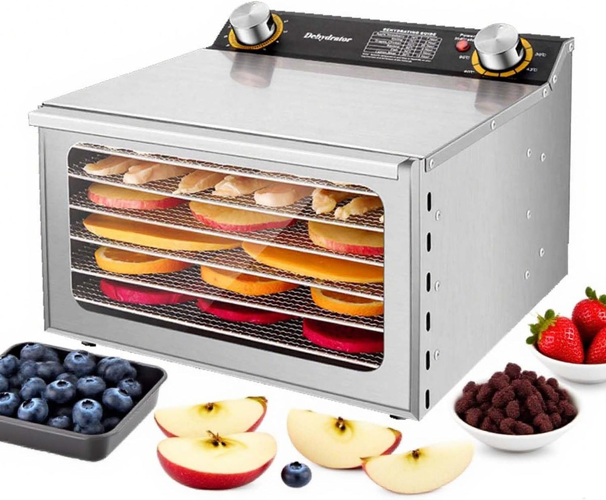 zhenmaster Suszarka do żywności, 800 W, 28,5 × 20 cm, 110 V – Srebrny, stal nierdzewna, automatyczne wyłączanie, 6Food odwodnione warstwy – Maszyna