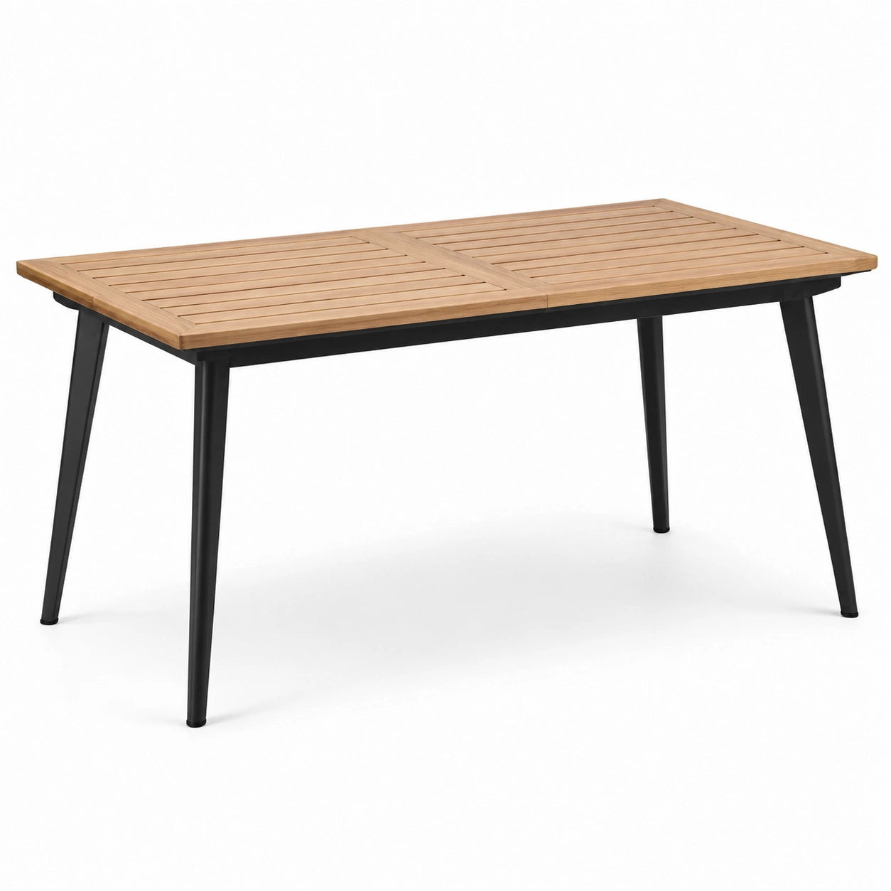 Gartentisch aus Holz und Metall, 150 × 90 × 75 cm, Naturbraun und Schwarz, rechteckige Lattenplatte