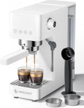 Ekspres do kawy AMZCHEF, 20 bar – 1,5 l, 2 W, Biały, 2 w 1 – z sitkiem, ekspres do espresso z profesjonalnym spieniaczem do mleka, mały do cappuccino