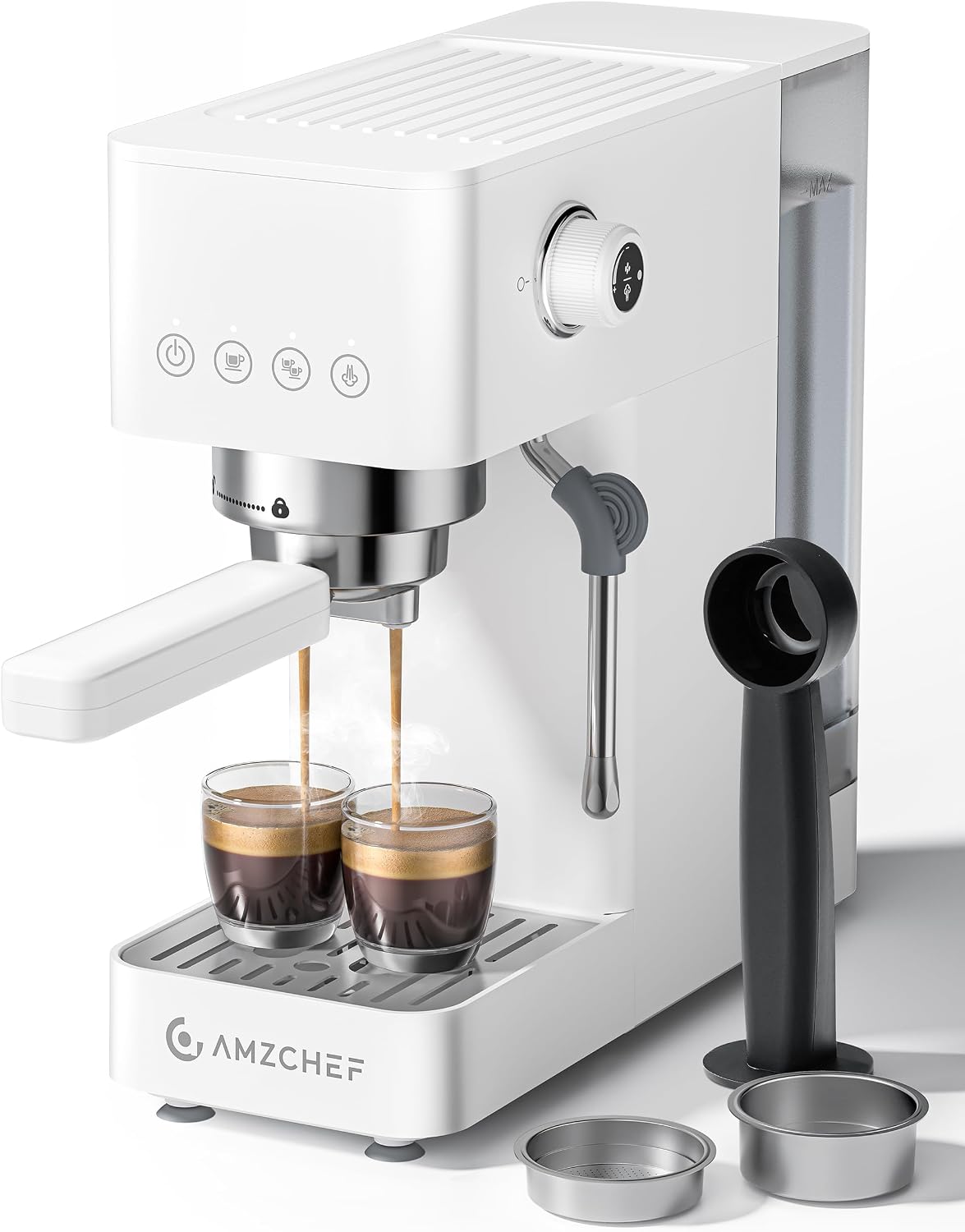 Ekspres do kawy AMZCHEF, 20 bar – 1,5 l, 2 W, Biały, 2 w 1 – z sitkiem, ekspres do espresso z profesjonalnym spieniaczem do mleka, mały do cappuccino