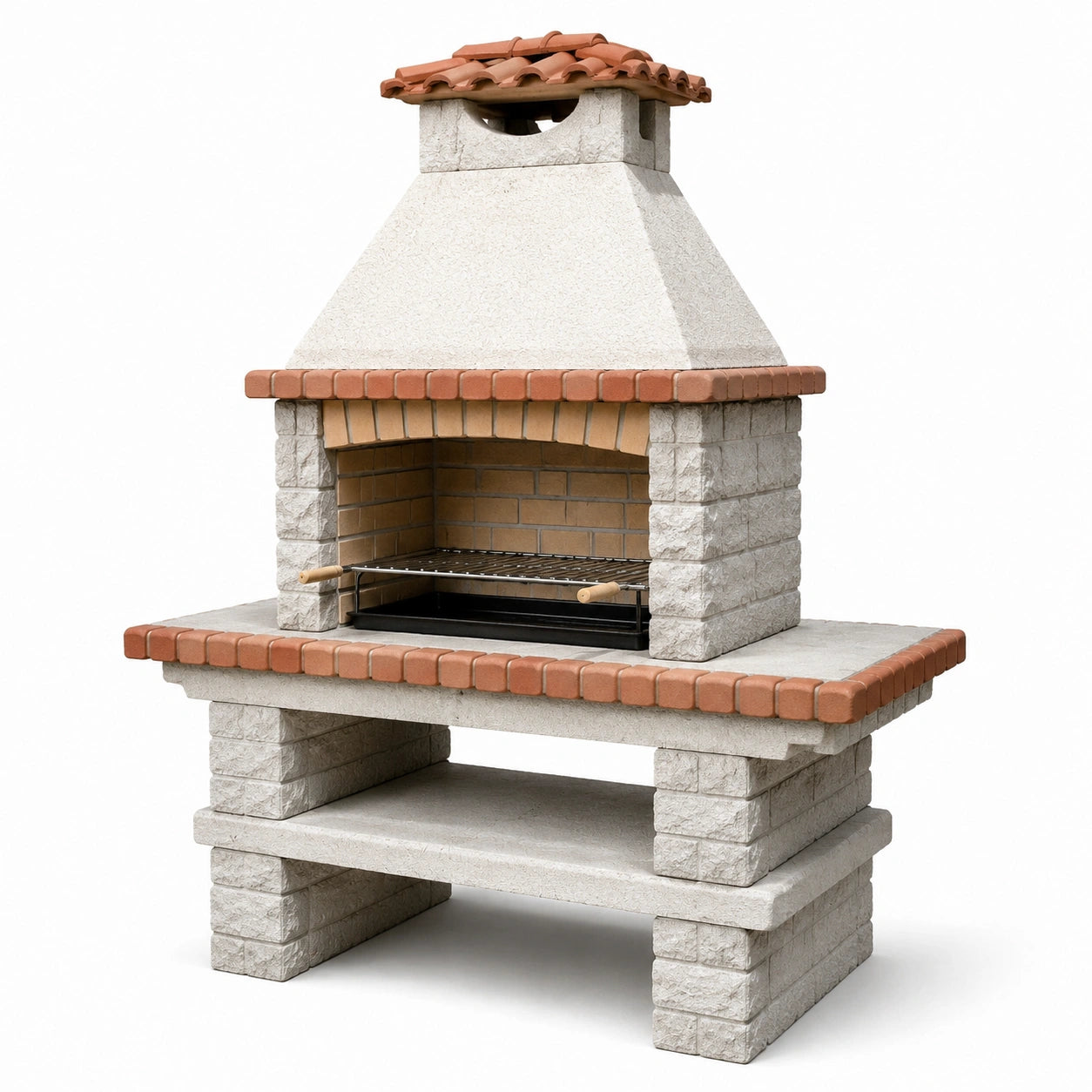 Rustikaler Grillkamin aus Beton mit Grillrost und Ablageflächen, Weiß/Terrakotta/Braun/Schwarz, 125 × 80 × 220 cm