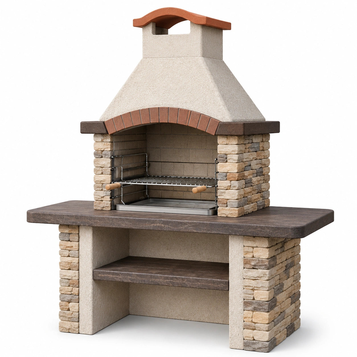 Gartenkamin mit Grillrost, Auffangwanne, Ablage und Rauchabzug, 120 × 70 × 210 cm, Beige/Braun/Grau/Schwarz