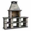 Grillkamin aus Betonstein in Grau und Dunkelgrau, 180 × 60 × 210 cm, mit Arbeitsflächen und Ablagen