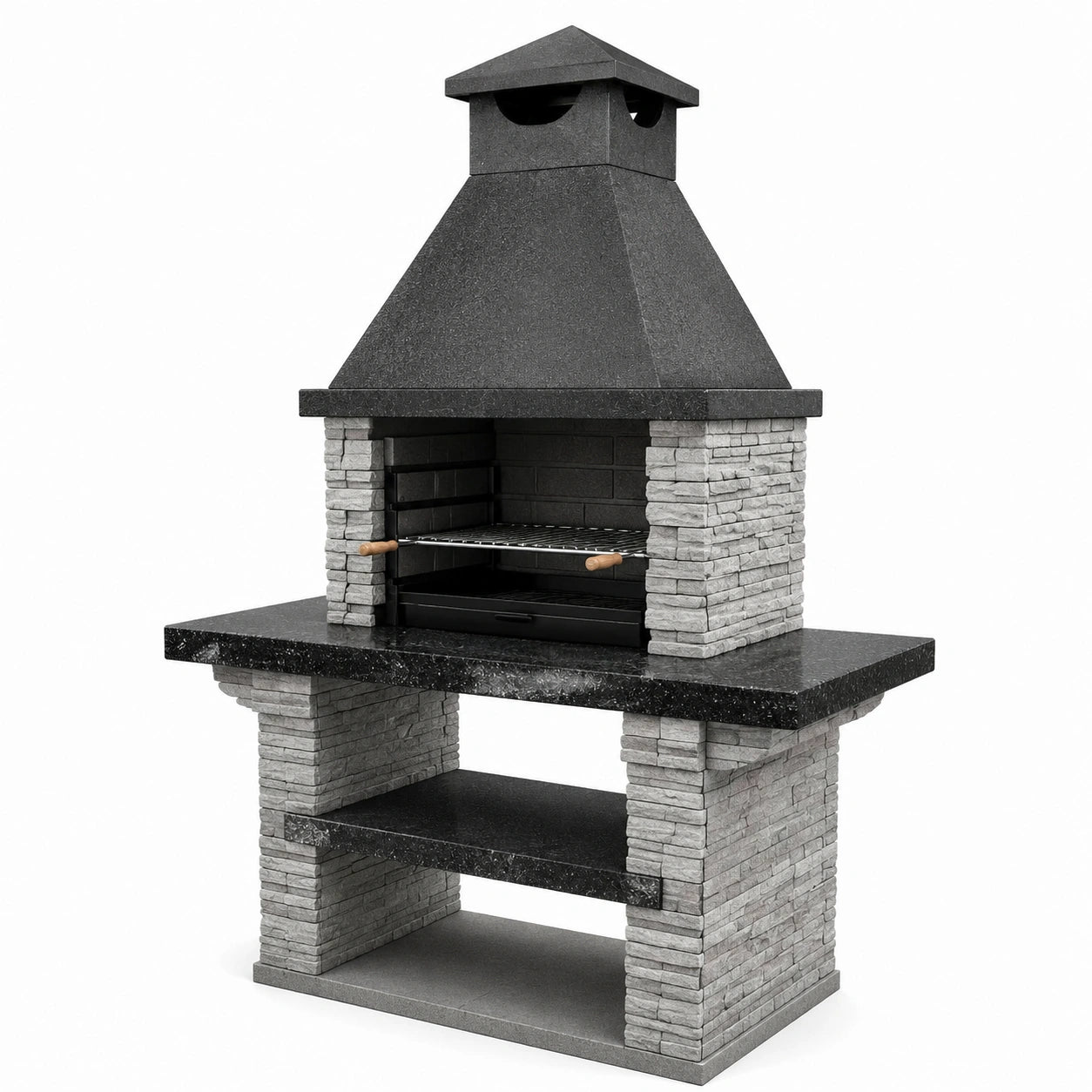 Freistehender Gartengrill aus Betonwerkstoff und Stahl mit Kaminabzug und Ablage, Grau/Schwarz/Braun, 160 × 70 × 220 cm
