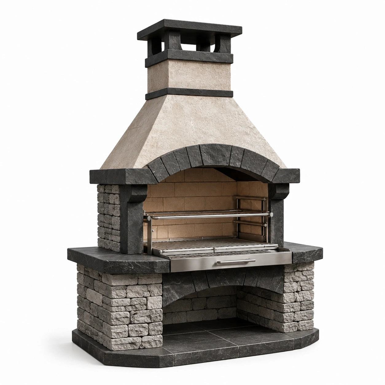 Rustikaler Grillkamin aus Betonwerkstein und Edelstahl, Grau-Beige-Silber, 160 × 80 × 240 cm