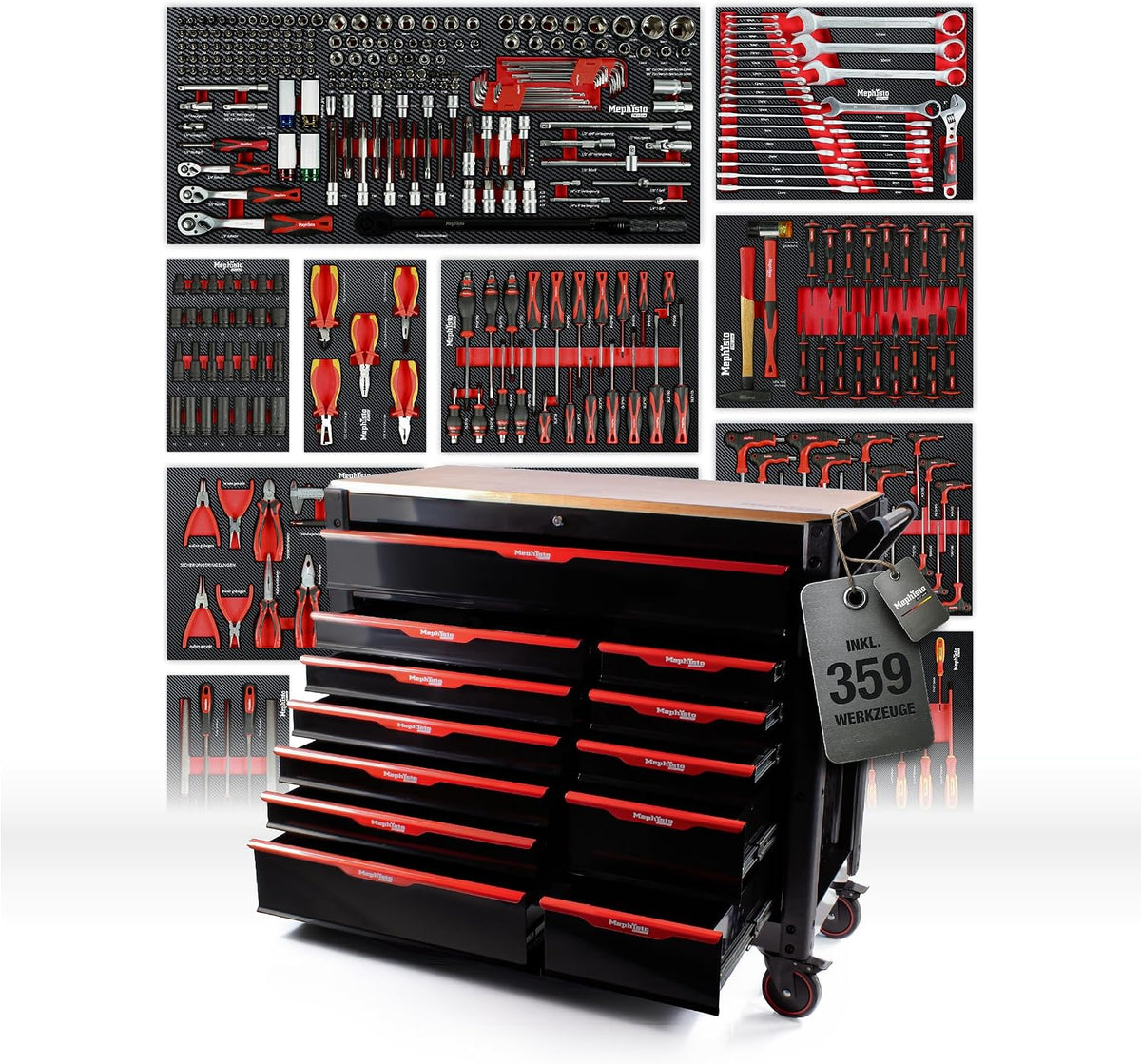 Mephisto Zestawy wkrętaków, 11 W, 420 x 900 x 120 mm, 120 kg – Czarny/Czerwony, 12 szuflad, Pro-Line duży wózek warsztatowy z 12 szufladami