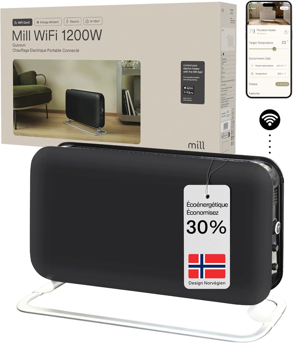 Mill Grzejnik elektryczny, 1200 W – Czarny, Wi-Fi, Elektryczna grzejnik, przenośny – cichy, 2 strefy temperaturowe