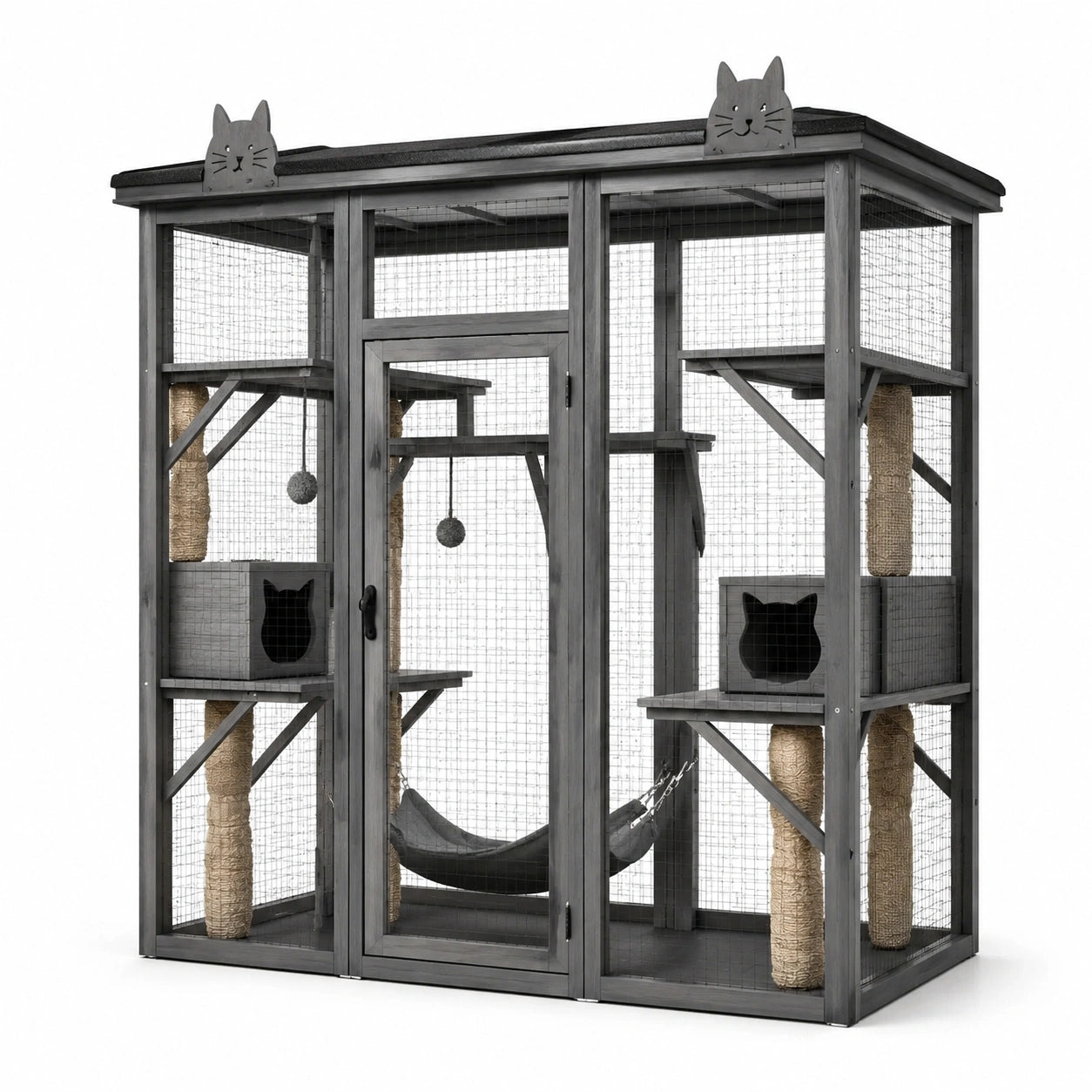 Katzengehege aus Holz und Metall, 180 × 100 × 190 cm, Grau, mit Plattformen, Kratzsäulen und Dach