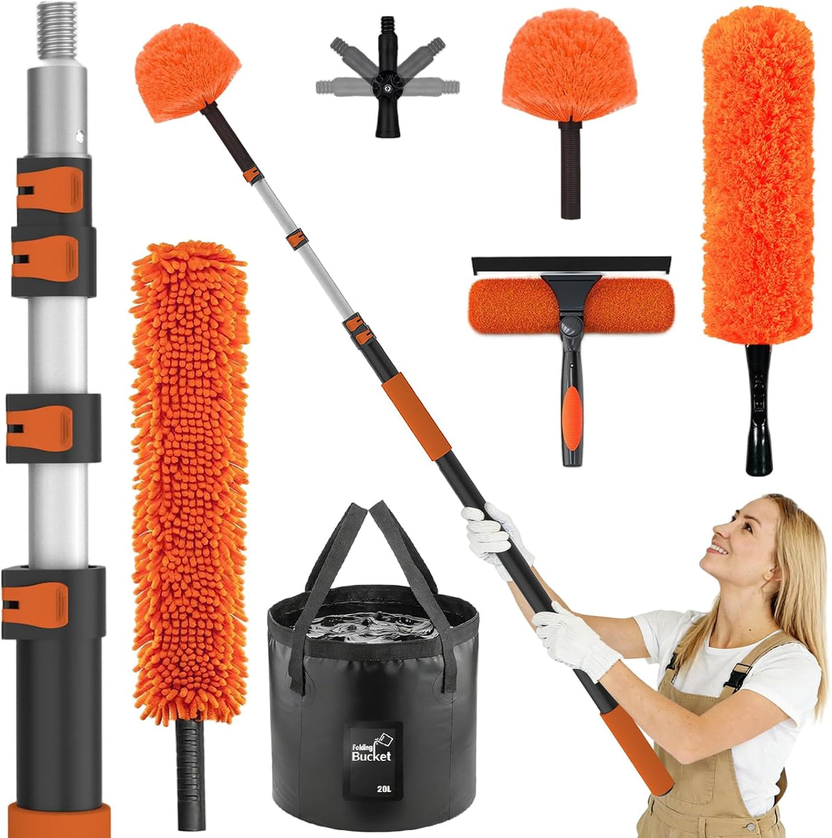 Zestawy do broomów i wiader LAANPOLE, 6 m – Biały, aluminium, Wentylator, 2-in-1 – profesjonalny, Plumeau Poussiere z 3, 6 m Rejon teleskopowy