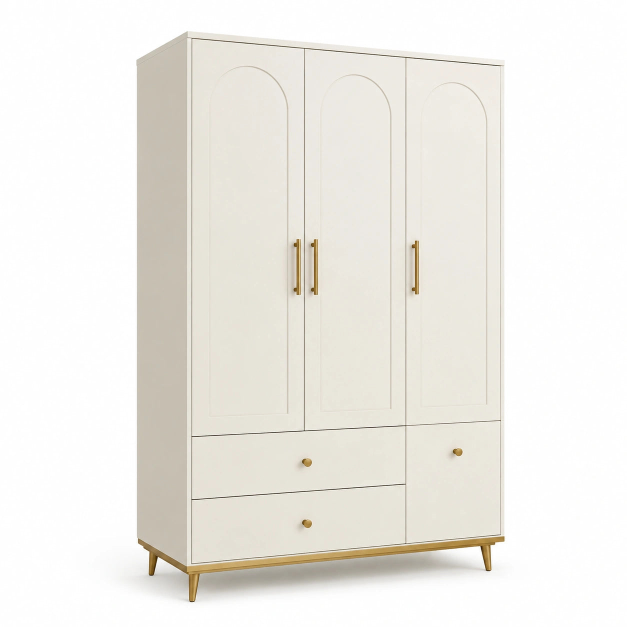 Moderner Kleiderschrank mit 4 Türen und 2 Schubladen, Cremeweiß und Goldfarben, 120 × 50 × 190 cm