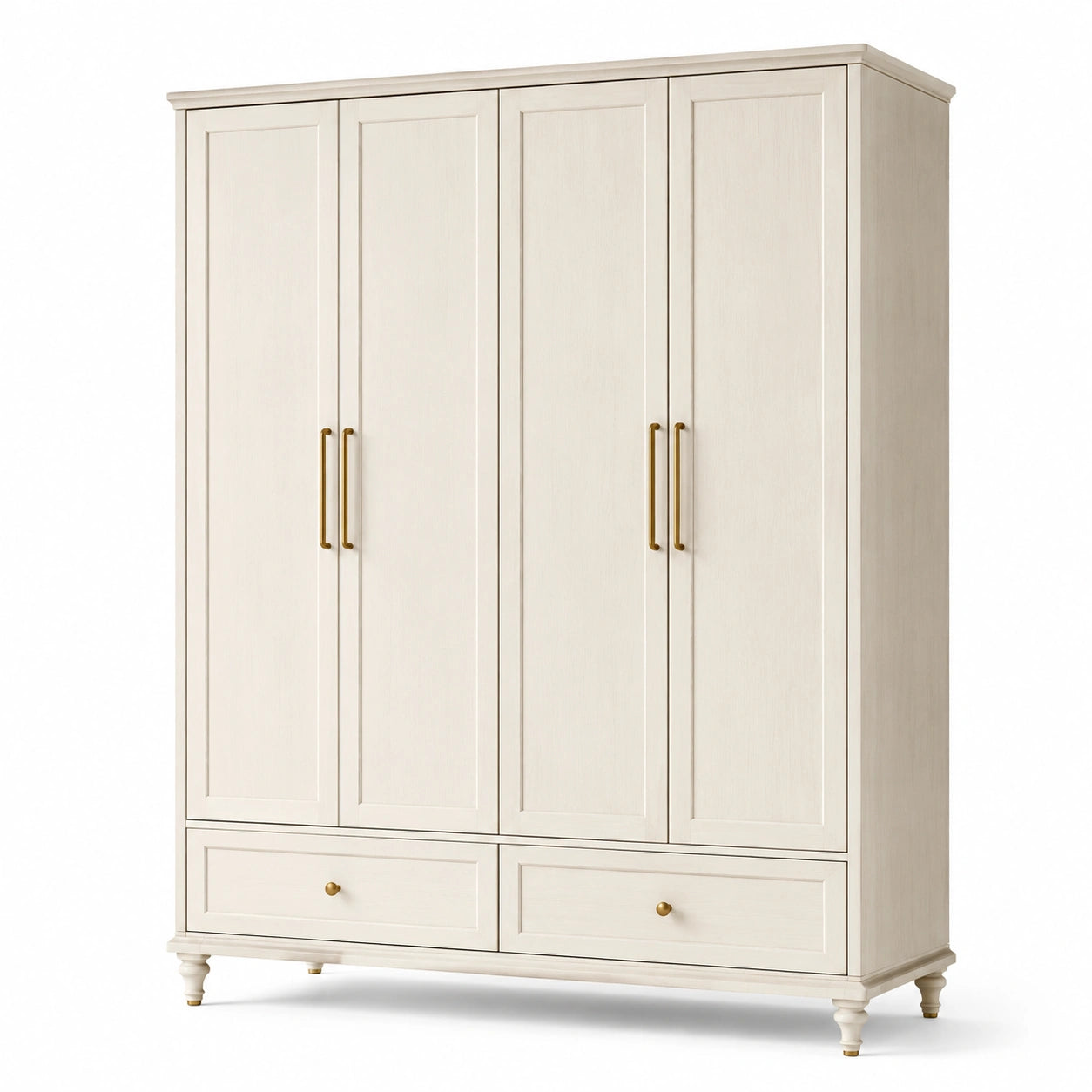Kleiderschrank im Landhausstil, 180 × 55 × 210 cm, Cremeweiß und Gold, 4 Türen und 2 Schubladen