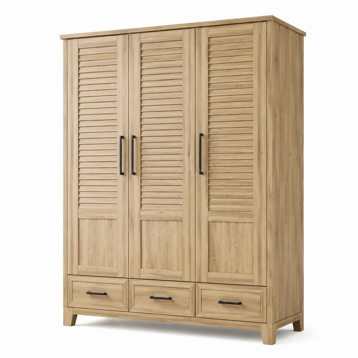 Kleiderschrank mit Lamellenfronten, 3 Türen und 3 Schubladen, Eichefarben und Schwarz, 150 × 55 × 200 cm
