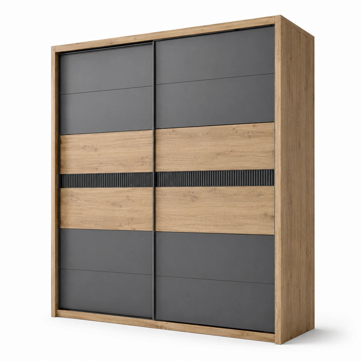 Kleiderschrank mit 2 Schiebetüren, 180 × 60 × 220 cm, Eiche, Anthrazit und Schwarz