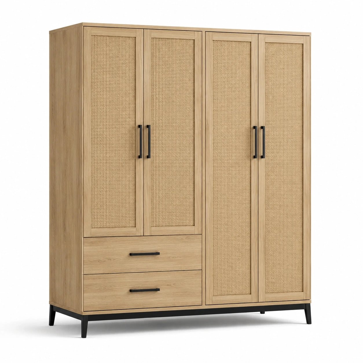 Kleiderschrank aus Holzwerkstoff in Natur und Schwarz, 160 × 55 × 190 cm, Rattanoptik, 4 Türen und 2 Schubladen