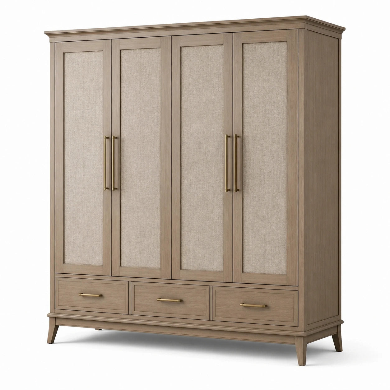 Kleiderschrank mit 4 Türen und 3 Schubladen, 180 × 55 × 210 cm, Taupe, Beige und Messingfarben
