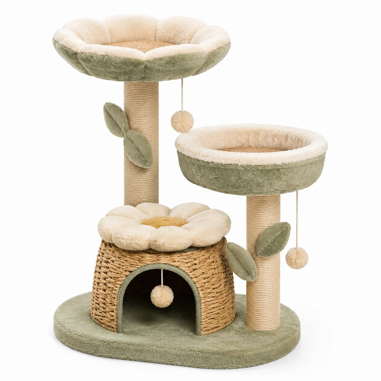 Kratzbaum mit Katzenhöhle, 2 Liegekörben und Sisal-Kratzsäulen, Salbeigrün, Creme, Beige und Naturbraun, 94 × 58 × 125 cm