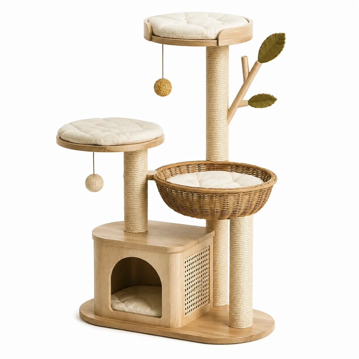 Kratzbaum aus Holzwerkstoff und Sisal, Naturfarben, Beige, Braun und Grün, 105 × 55 × 150 cm, mit Katzenhöhle, Liegekorb und Spielbällen