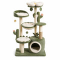 Kratzbaum im Blumen- und Kaktusdesign, 70 × 48 × 135 cm, Grün und Beige, mit Katzenhöhle, Liegeflächen und Sisalstämmen