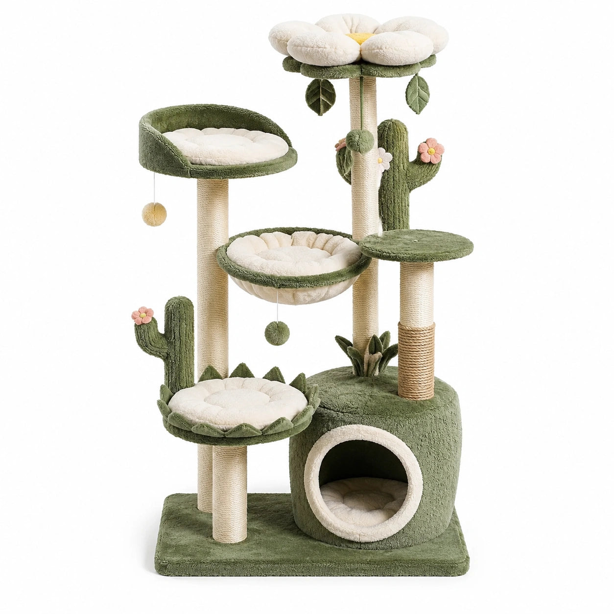 Kratzbaum im Blumen- und Kaktusdesign, 70 × 48 × 135 cm, Grün und Beige, mit Katzenhöhle, Liegeflächen und Sisalstämmen