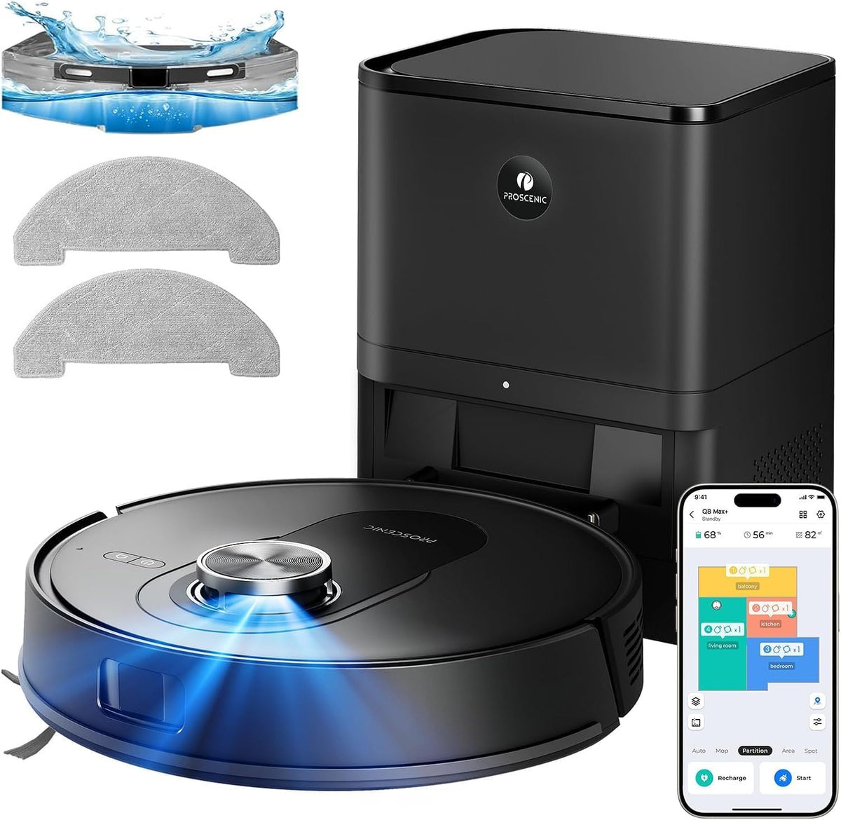 Robot sprzątający Proscenic, odkurzacz automatyczny – 230 m, 3,5 l, Czarny, Wi-Fi – Q8 Max + Robot Vacuum Cleaner Map 8000Pa, 200 min