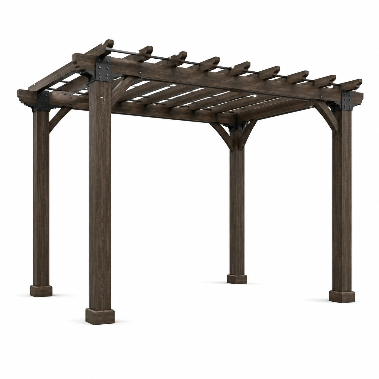Freistehende Holzpergola 305 × 305 × 244 cm, Dunkelbraun und Schwarz, mit offenem Rankdach