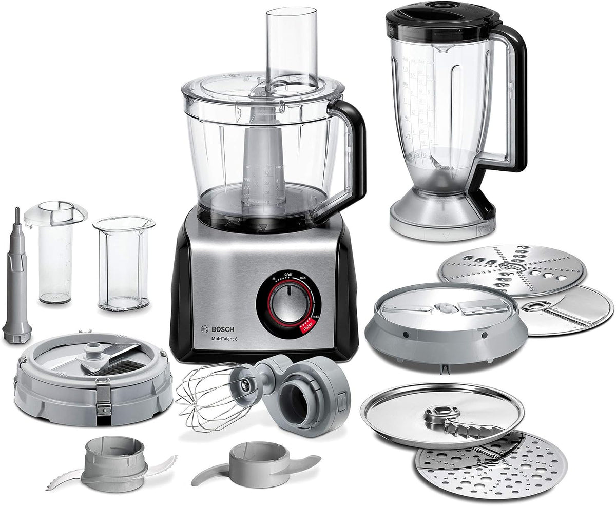 Bosch Robot kuchenny, MC812S865, 1250 W, 3,9 l – 1,5 kg, Srebrny/Grafitowy, Kompaktowy MC812S865 MultiTalent 8, Tworzywo Sztuczne
