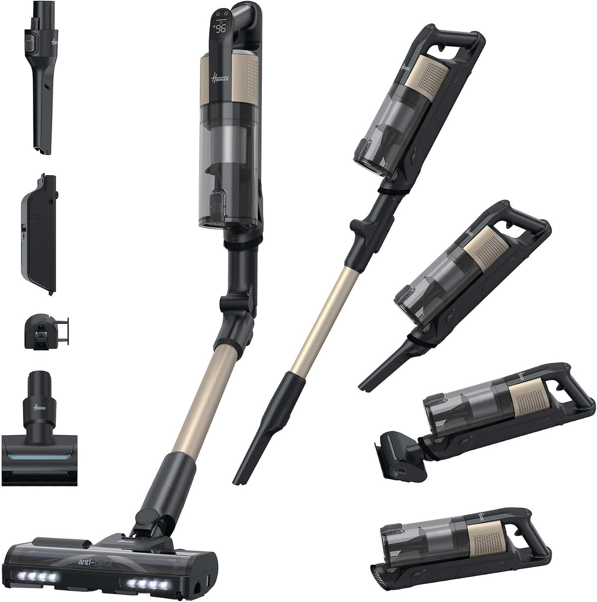 Hoover Odkurzacz pionowy, odkurzacz bezprzewodowy, HF3, Czarny – oświetlenie LED, praca bezprzewodowa, HF3 110AW Odkurzacz, Rura Flexi pod meblami