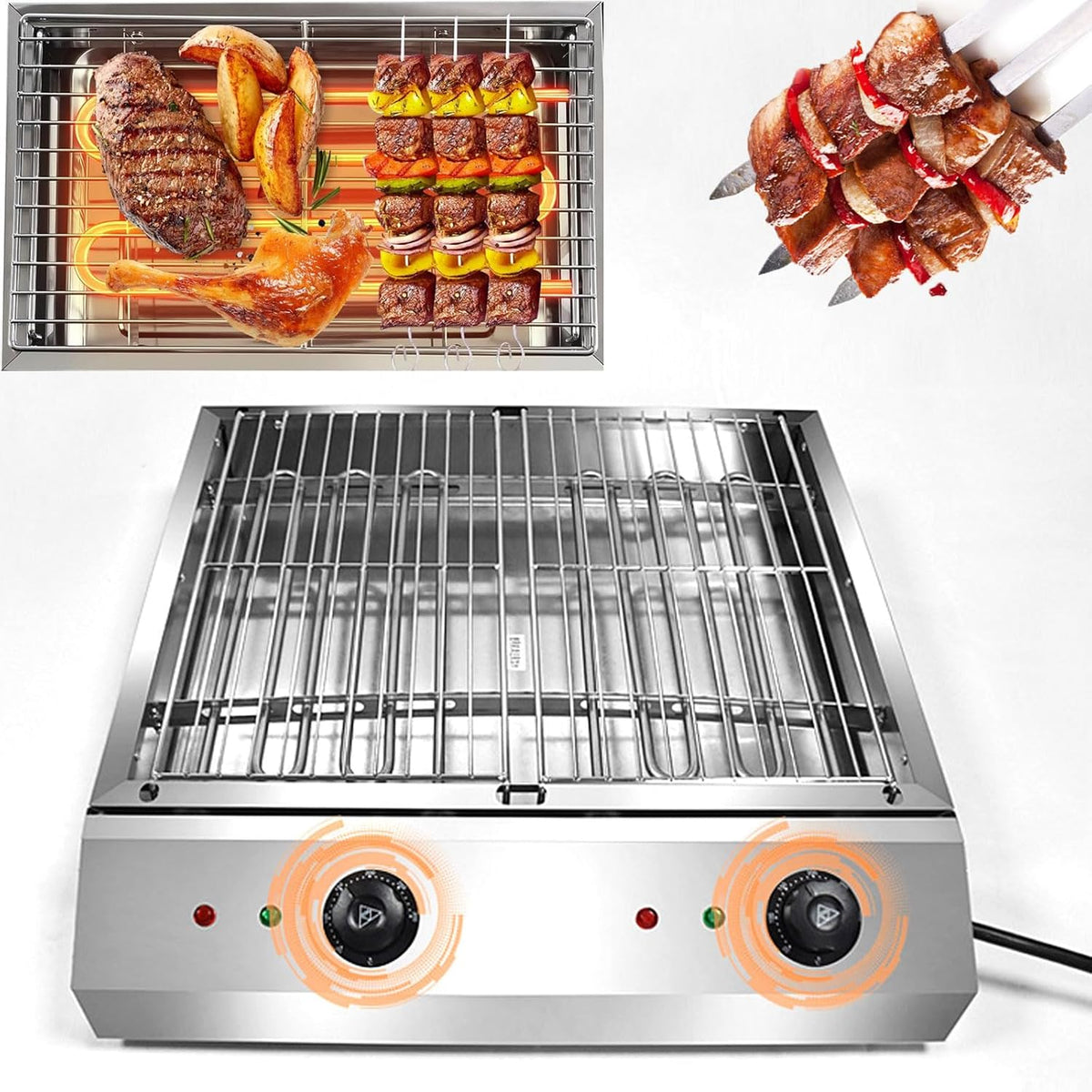 Grill JOSBY – 55 x 55 x 13 cm, 220 V, 2800 W, Srebrny – stal nierdzewna, elektryczny, Piec elektryczny, 50 do 300°C – przenośny, profesjonalny