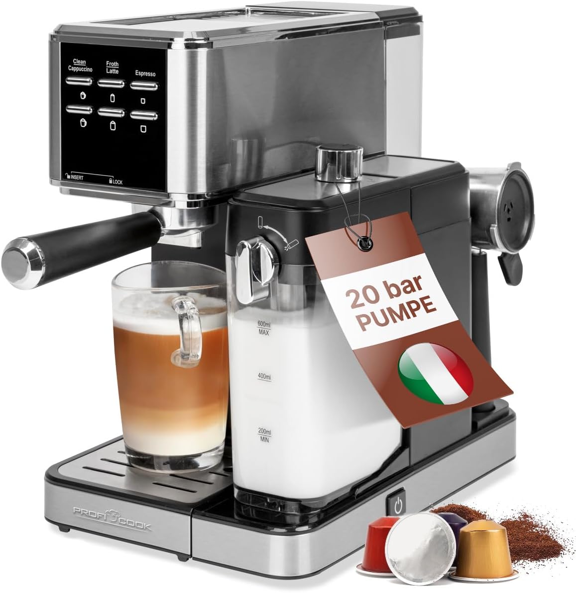 Ekspres do kawy Profi Cook – 20 bar, 0,6 l, Czarny / Srebrny, stal nierdzewna – Nespresso ES 1266 2in1 Espresso maszyna, uchwyt na filtry cappuccino