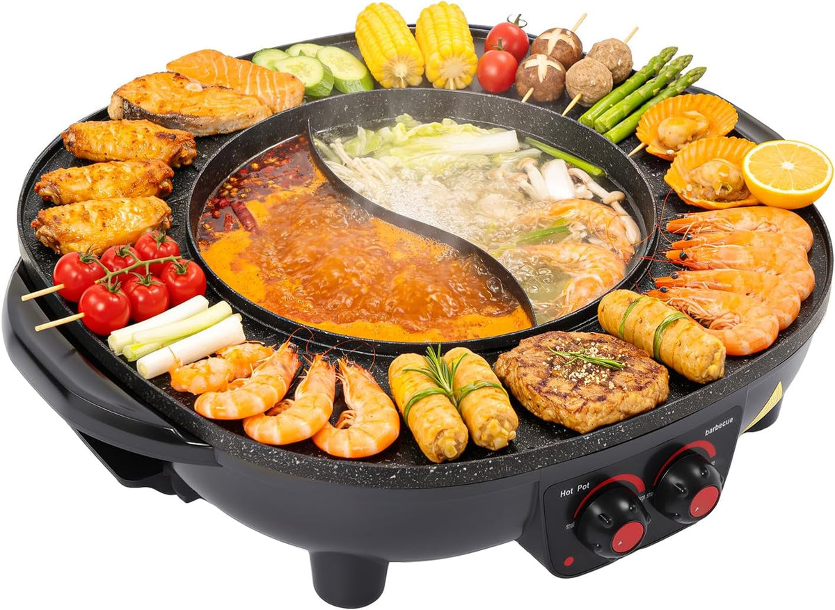 Grill Quenoxo, 42 cm, 2000 W, Czarny – aluminium, elektryczny, instalacja bezpłatna, 2 strefy temperaturowe – do elastycznego gotowania