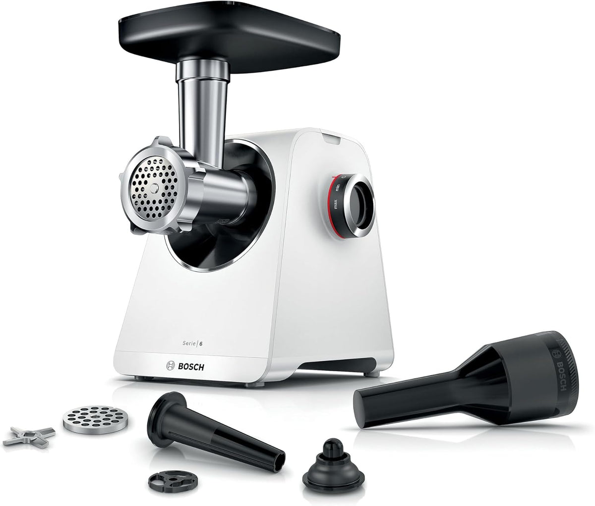 Bosch Maszynka do mielenia mięsa, MFWS607W – 3,5 kg, 8 mm, 2100 W, Biały/Czarny – maszynka do mięsa seria 6 MFWS607W, 3,5 kg/min
