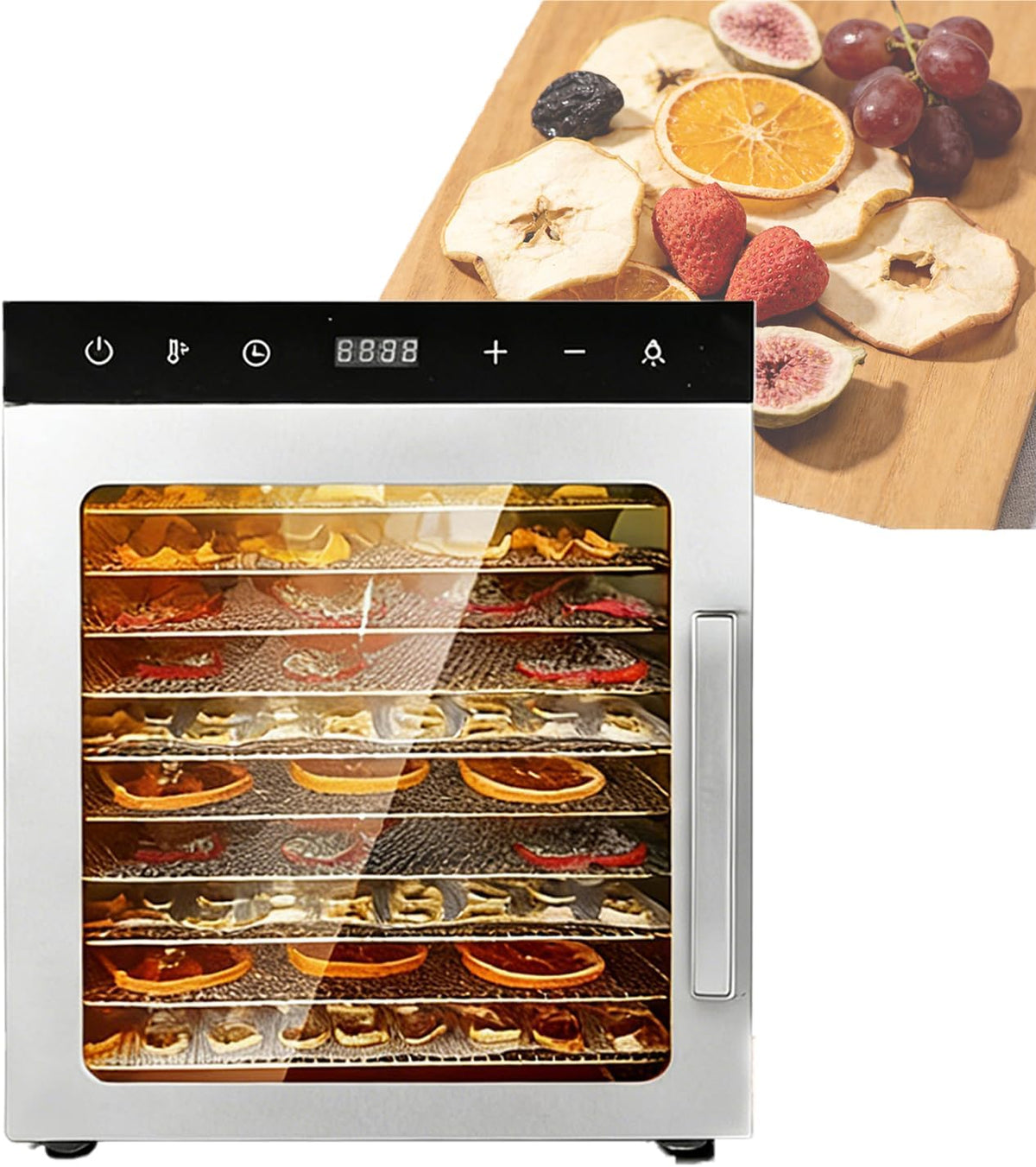 SULQING Suszarka do żywności, 30 × 28 cm, 72 l – 500 W, Srebrny, oświetlenie LED