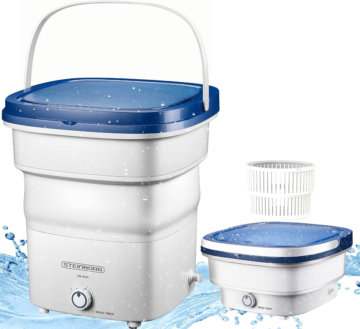 Pralka Steinborg – 1,5 kg, 135 W, 65 dB, Biały/Niebieski – składana konstrukcja, zabezpieczenie przed przegrzaniem, Składana mini, pojemność do 1,5 kg