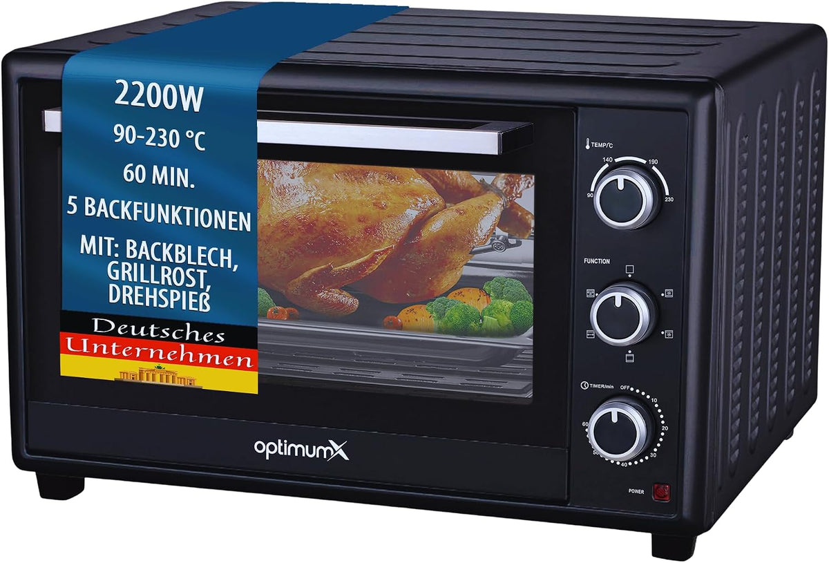 Mini piekarnik OptimumX Haushaltsgeräte, 60 litrów, 2200 W – 58,4 x 46,4 x 37,6 cm, Czarny, timer, funkcja grilla – OptimumX 60 litrów XXL z obiegiem