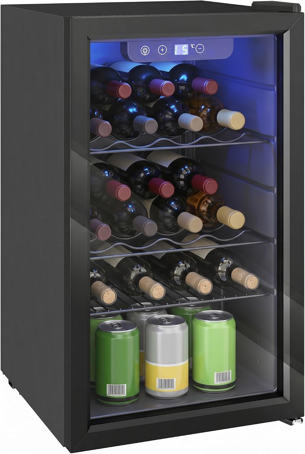 HOMCOM Chłodziarka do wina, 68 l – 43 x 46 x 74 cm, 45 dB, Czarny, oświetlenie LED – Winiarnia elektryczna, 24 butelki, 4 do 16°C, 2 strefy temperatur